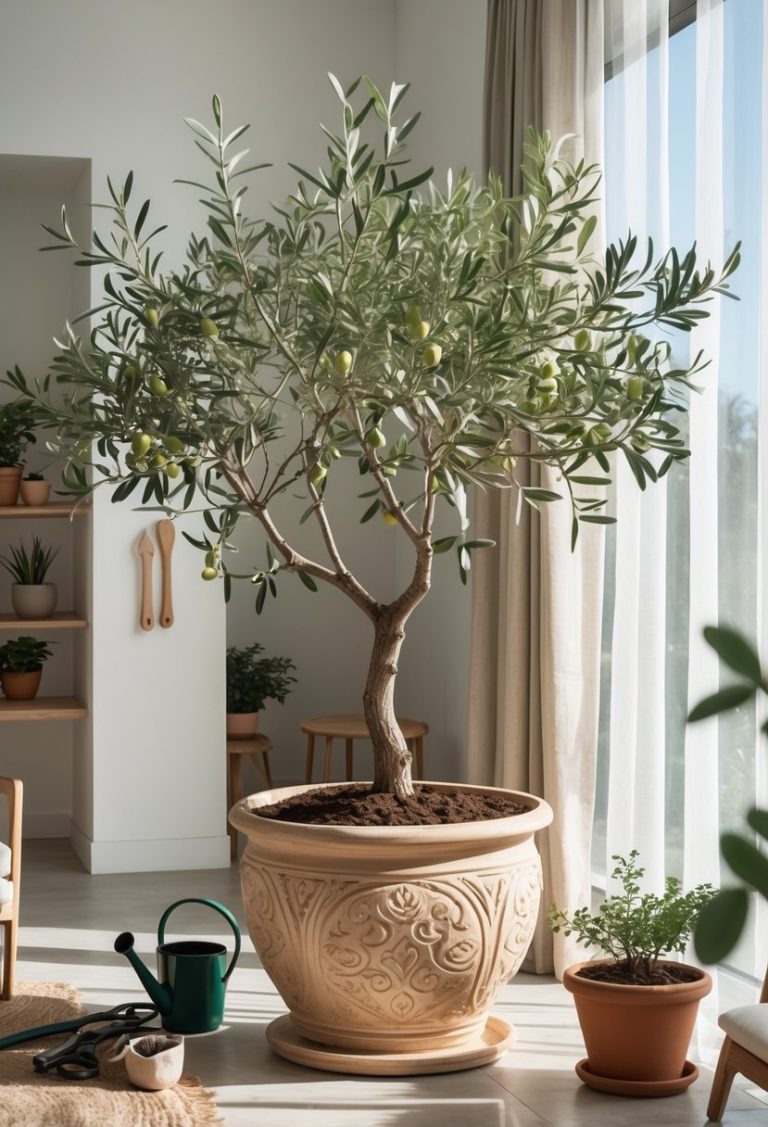 A healthy olive tree growing indoors in a large pot near a sunlit window with gardening tools nearby.