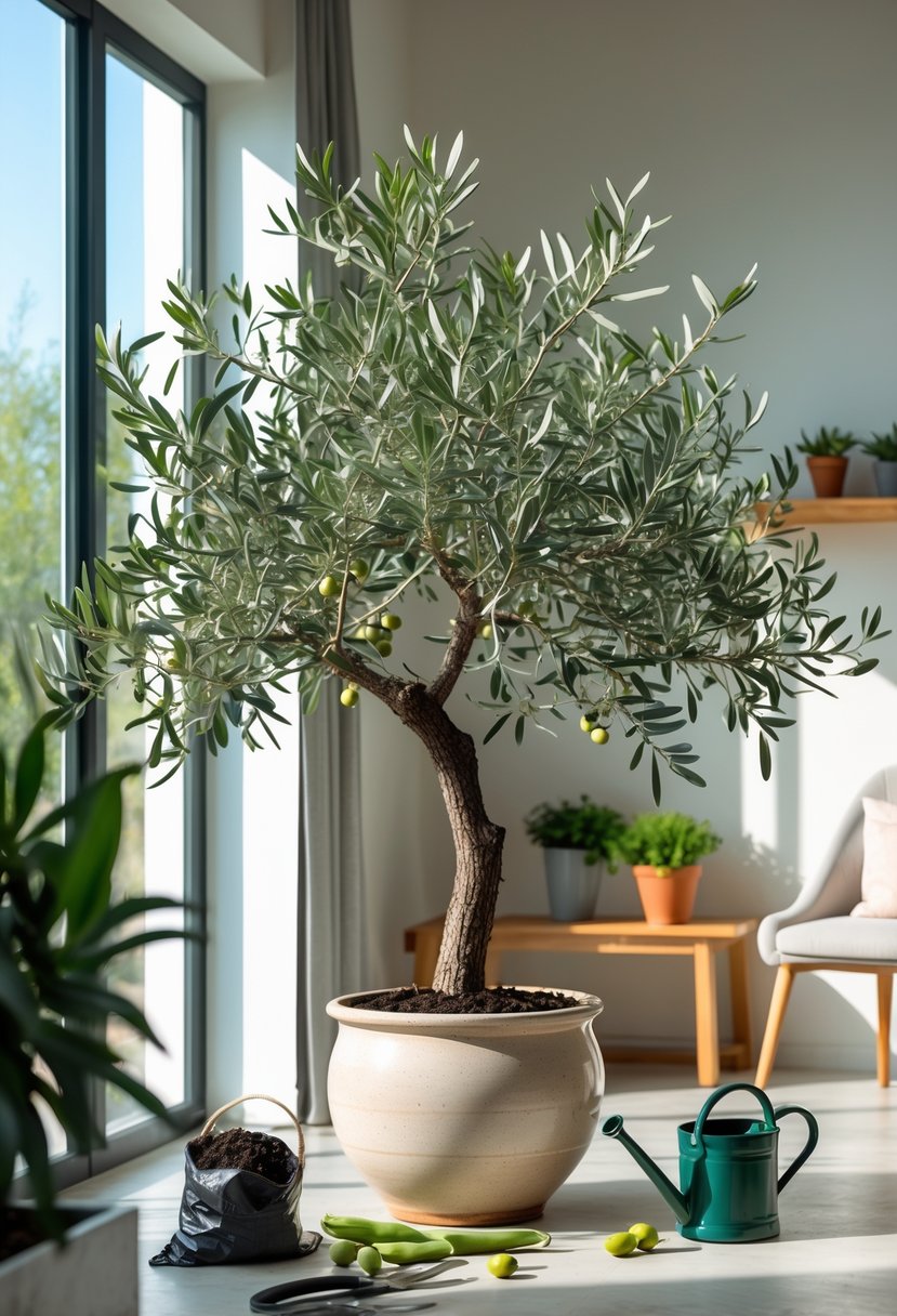An indoor olive tree in a pot near a sunlit window with gardening tools on a wooden table nearby.