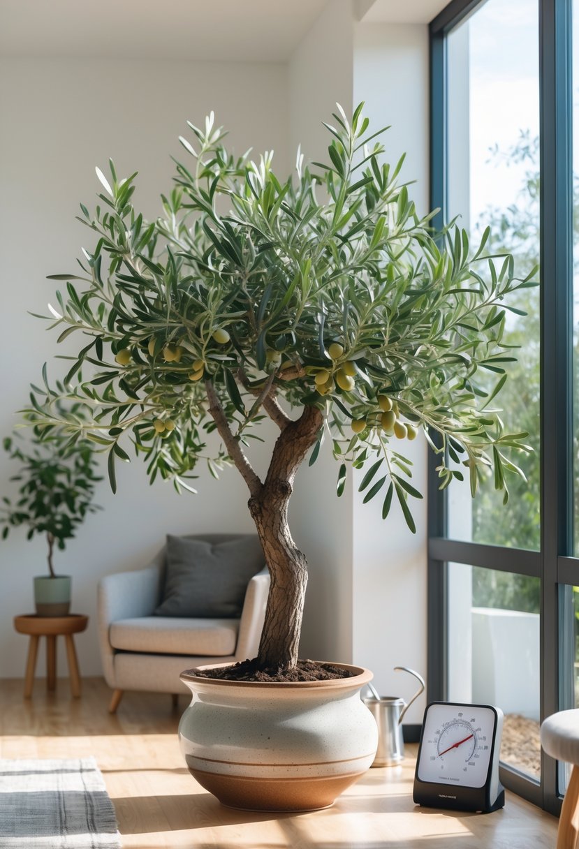 An indoor olive tree in a ceramic pot near a sunny window, surrounded by plant care items in a bright living room.