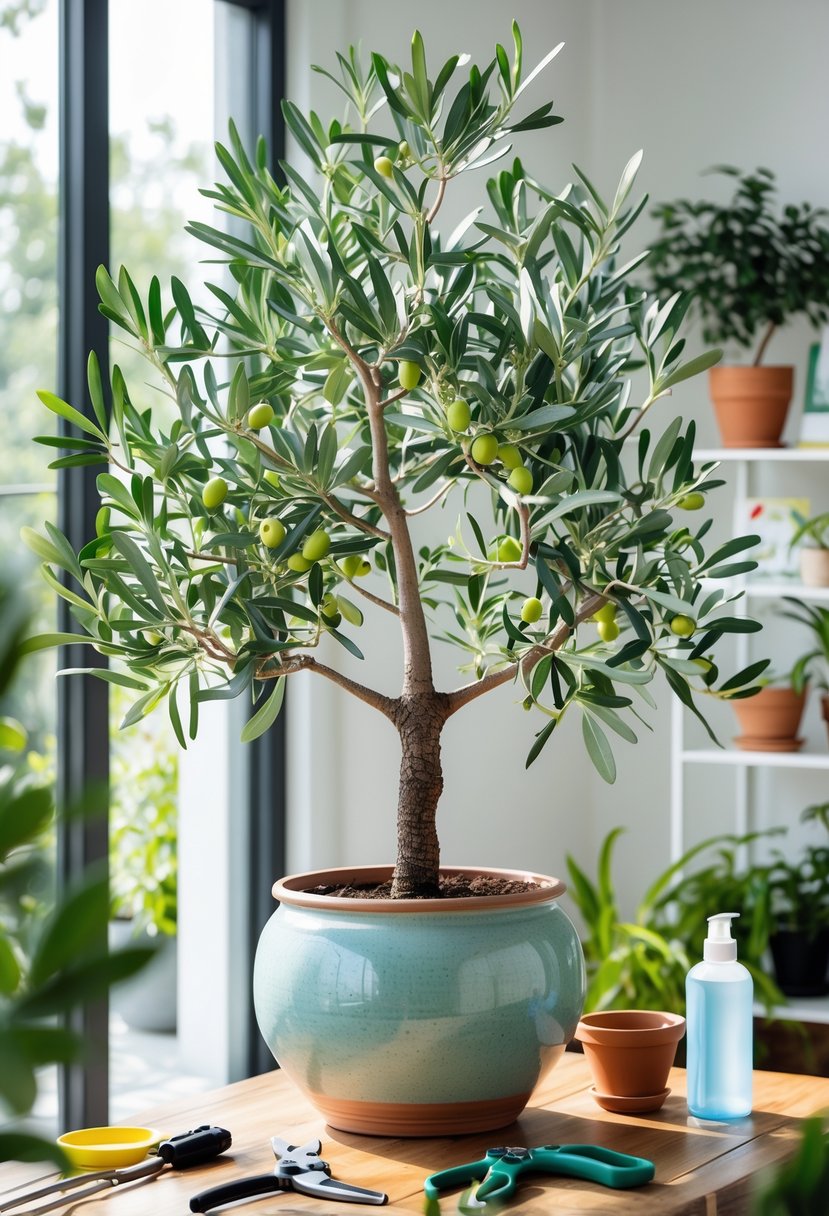 An indoor olive tree in a ceramic pot on a wooden table near a sunny window with gardening tools nearby.
