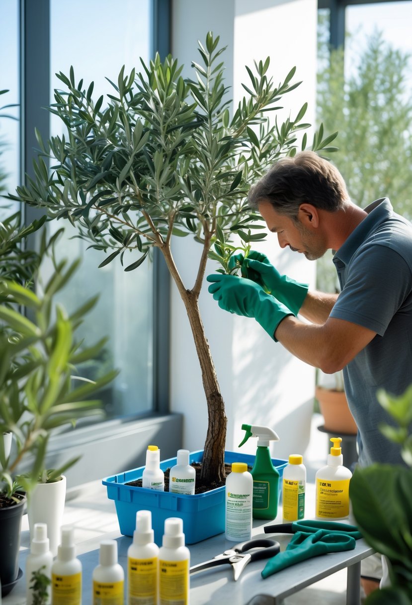 An indoor olive tree being inspected for pests and disease by a person wearing gardening gloves, with plant care tools nearby in a bright room.