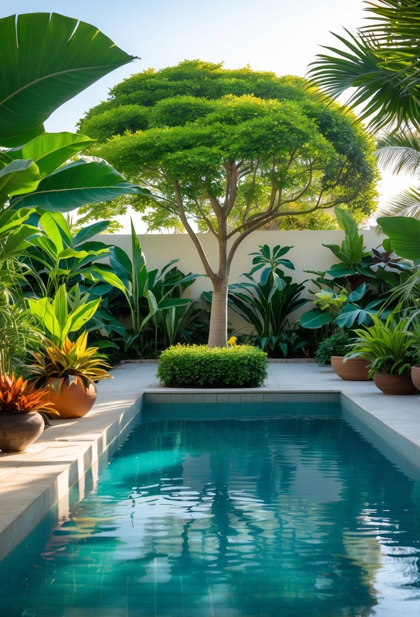 A pool surrounded by lush green plants including a large Ficus tree, with clear blue water reflecting sunlight.