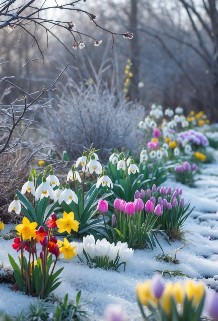 A variety of colorful winter flowers blooming amidst snow and frost on the ground with bare branches in the background.