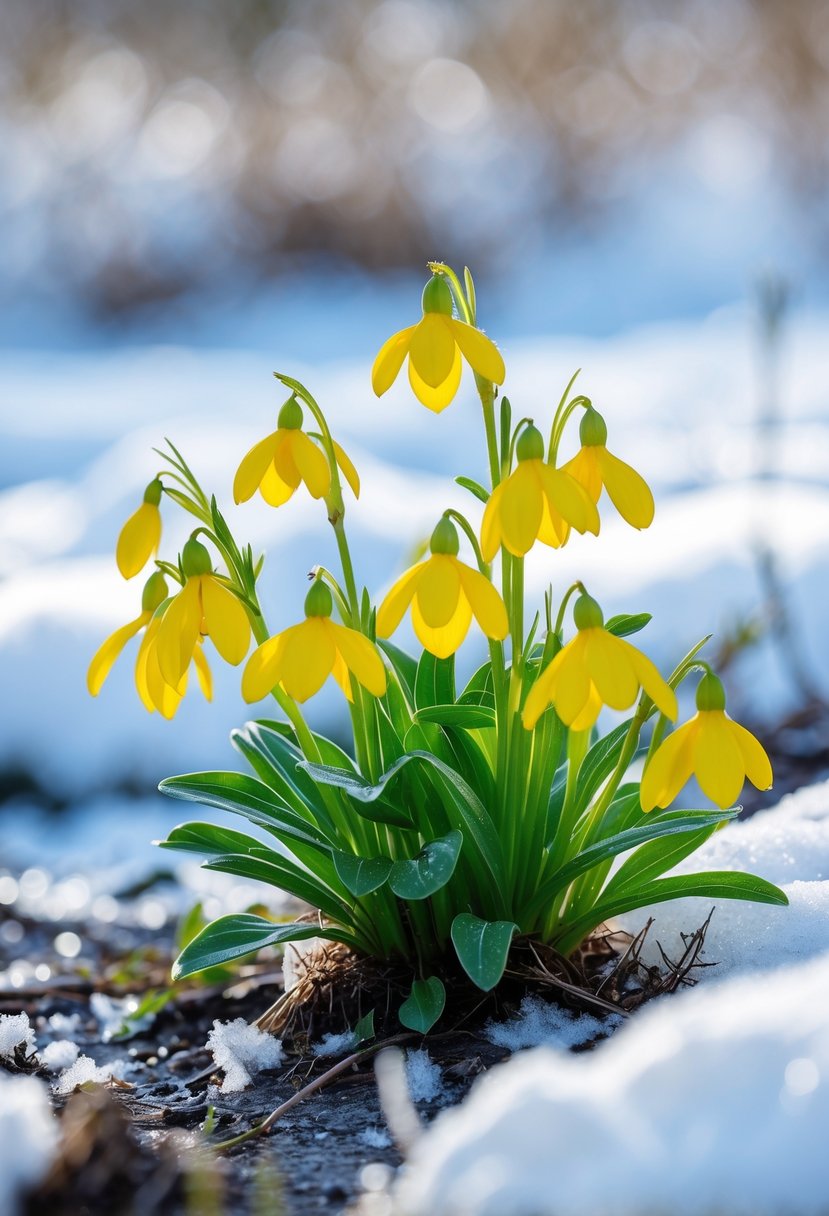 Bright yellow Winter Aconite flowers blooming amid snow and frost on the ground.