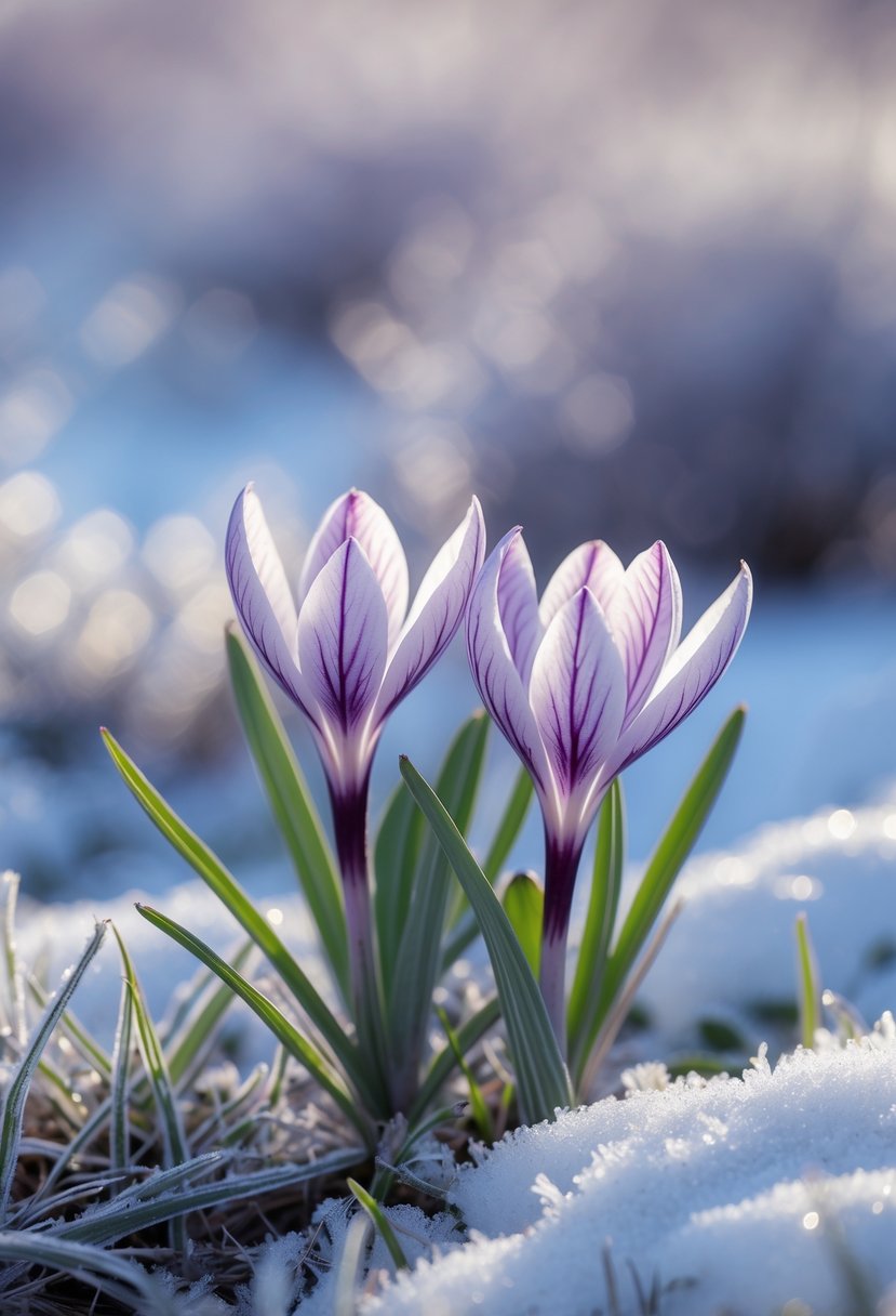 Close-up of pale purple Crocus tommasinianus flowers blooming in a frosty winter landscape with patches of snow and grass.