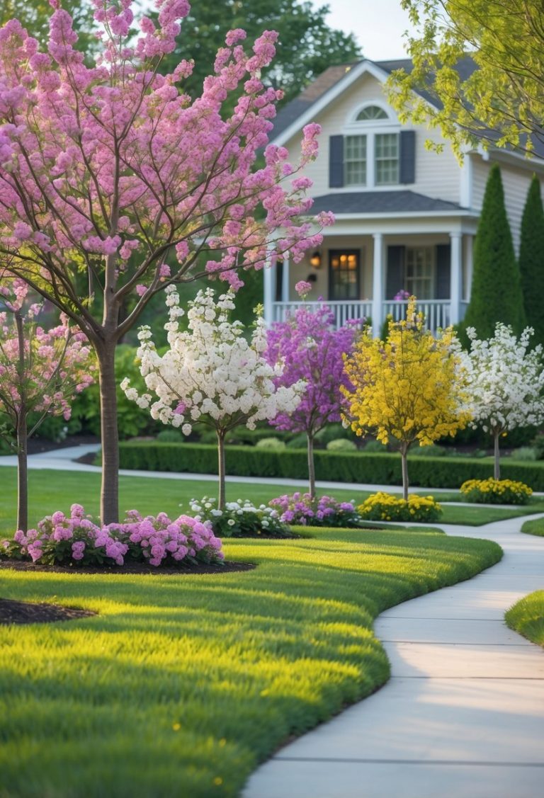 A front yard with ten different small flowering trees in full bloom, colorful flowers and green grass surrounding a suburban house.