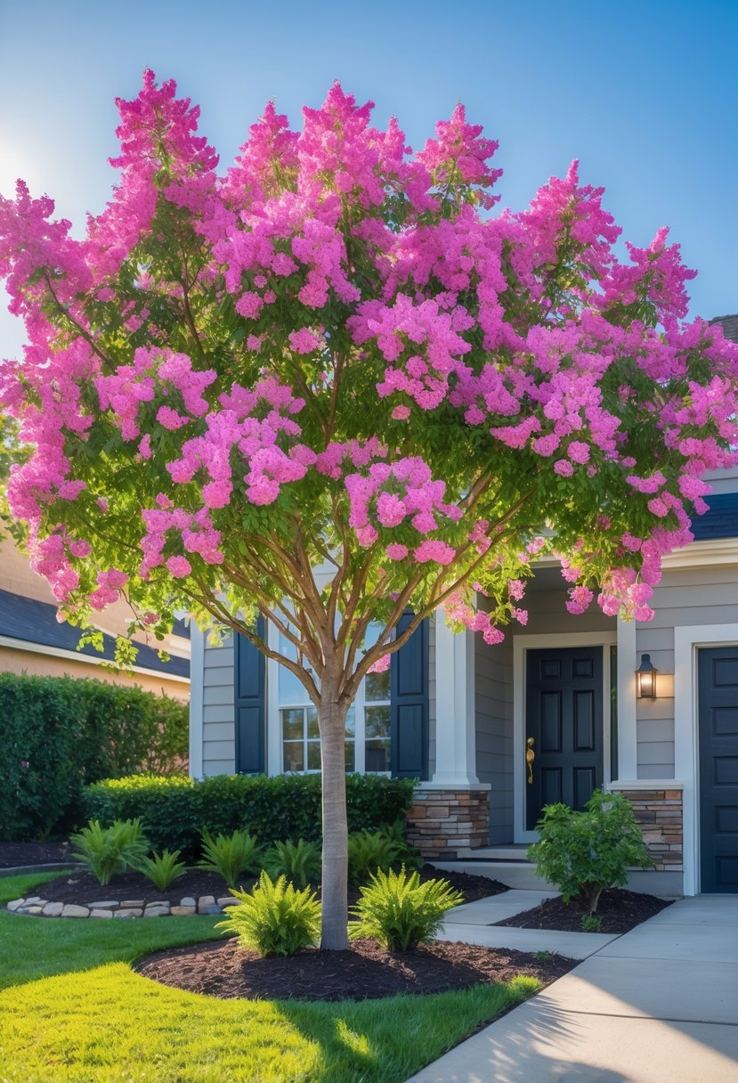 A small crape myrtle tree with pink flowers in a front yard with green grass and a walkway under a clear sky.