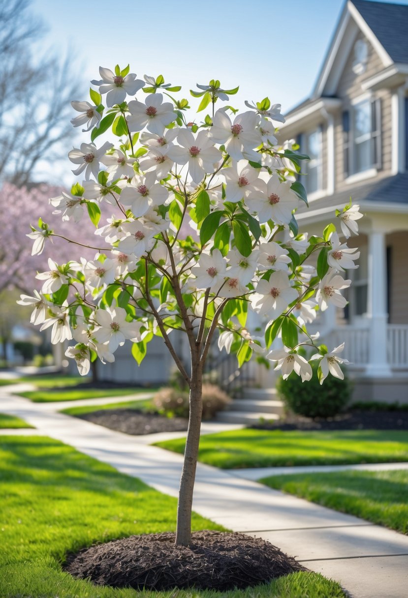 A dogwood tree with white and pink flowers in bloom in a front yard with green grass and a house in the background.