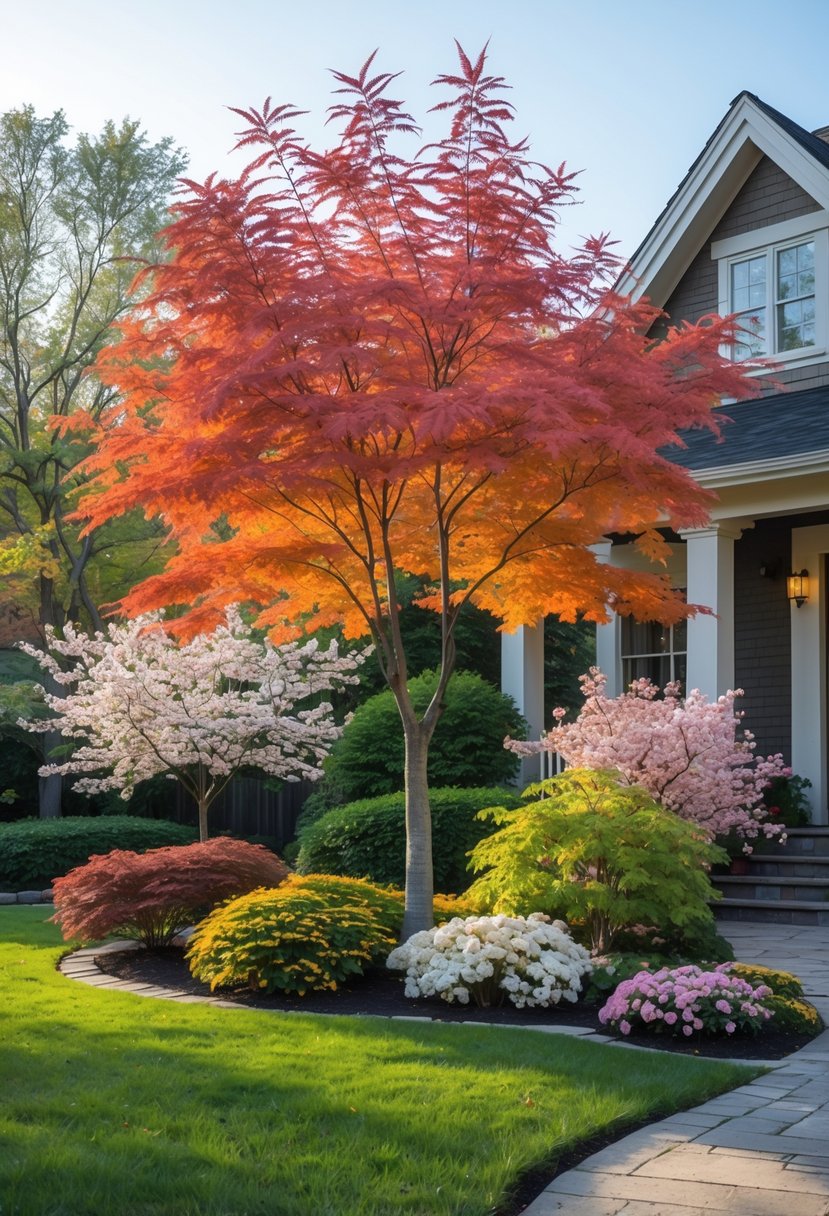 A front yard with a Japanese Maple tree surrounded by small flowering trees and shrubs in bloom, a stone pathway, and a house entrance in the background.