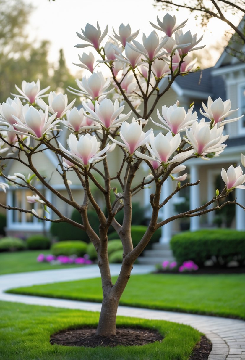 Star Magnolia tree with white star-shaped flowers blooming in a small front yard with green grass and a house in the background.