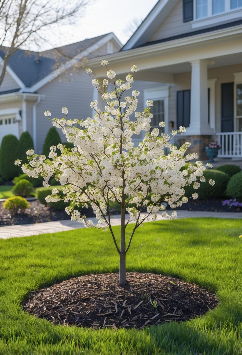 A small Serviceberry tree with white flowers blooming in a front yard of a suburban house.