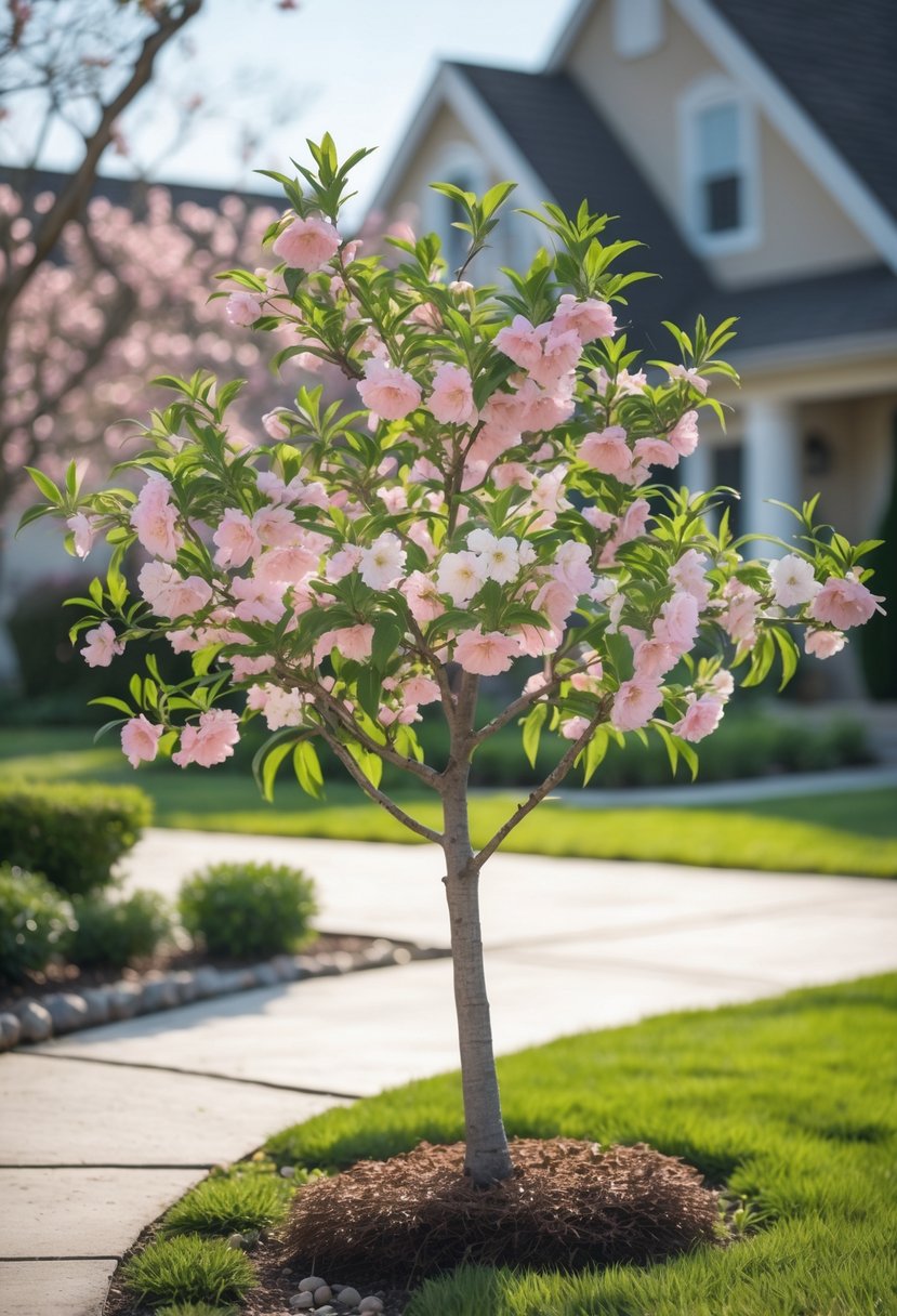A small ornamental peach tree with pink and white flowers blooming in a sunny front yard with a lawn, pathway, and house in the background.