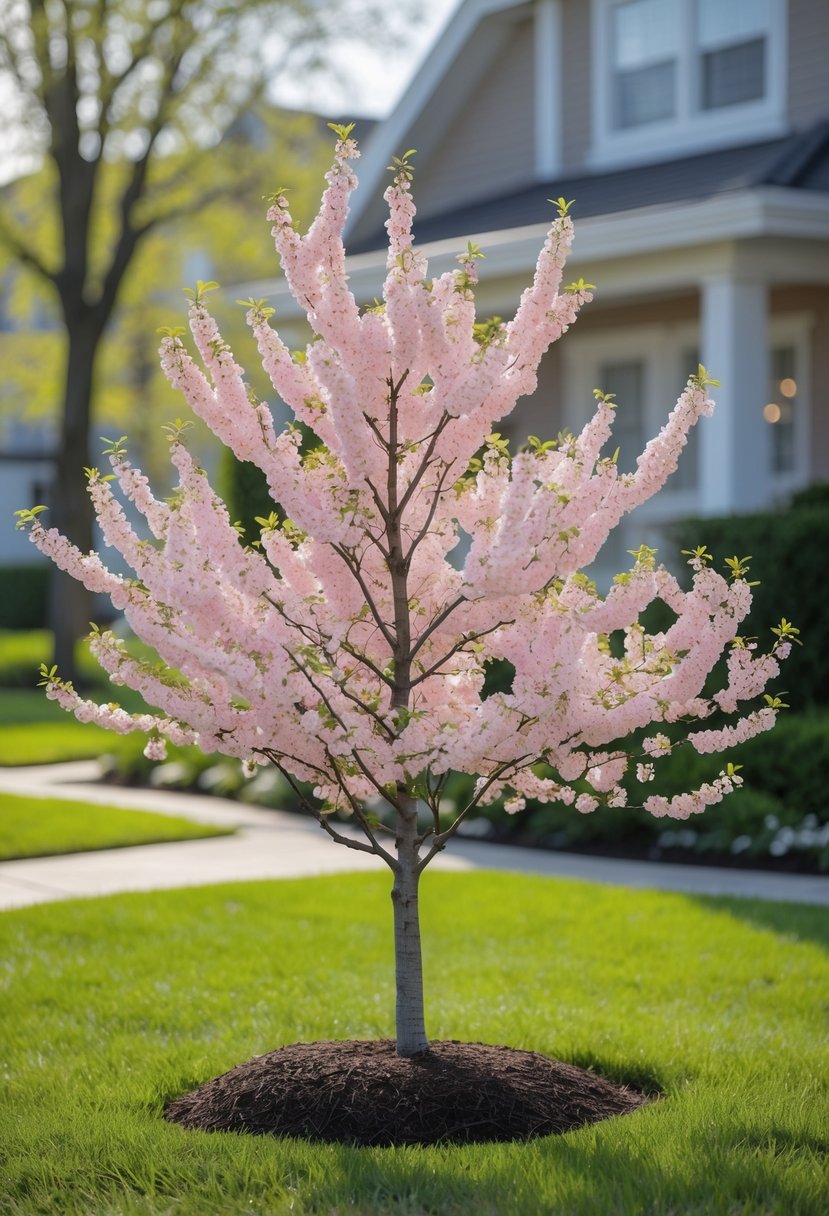 A small dwarf cherry blossom tree with pink flowers blooming in a front yard with green grass and a house in the background.