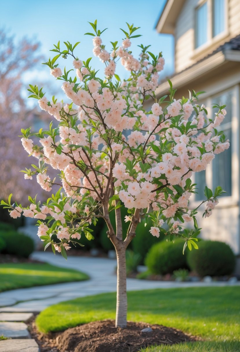 A small flowering almond tree with pink and white blossoms in a front yard with green grass and a house in the background.