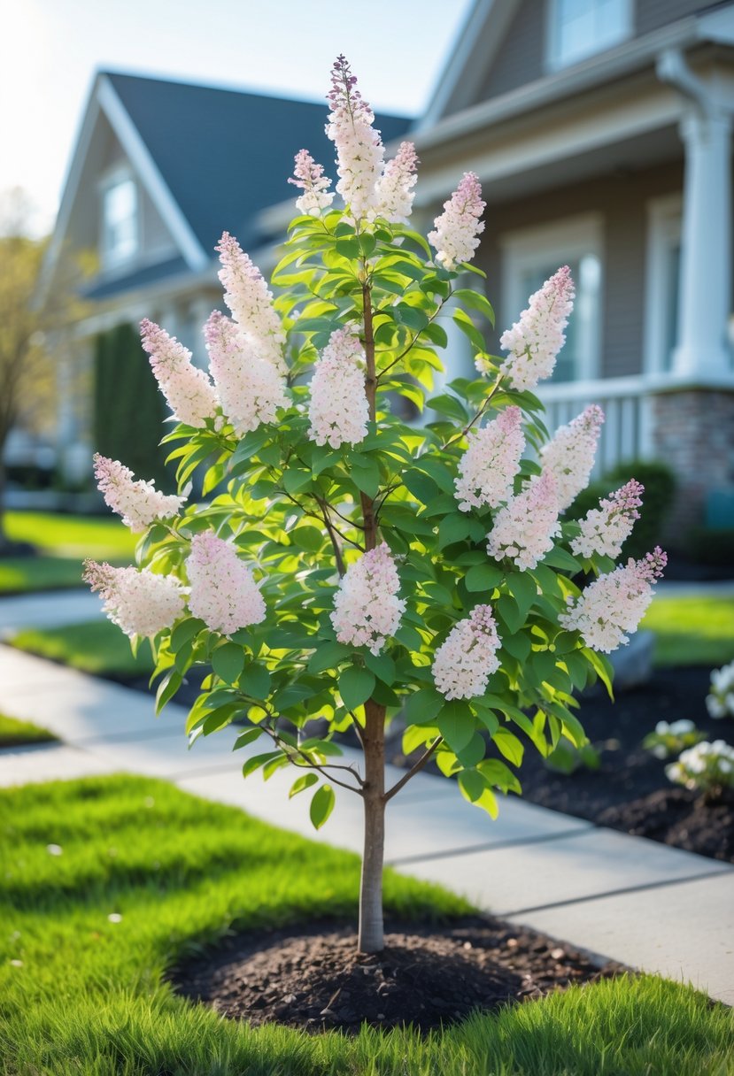 A small Spirea tree with white or pink flowers in a front yard garden with grass and a walkway, in front of a house.