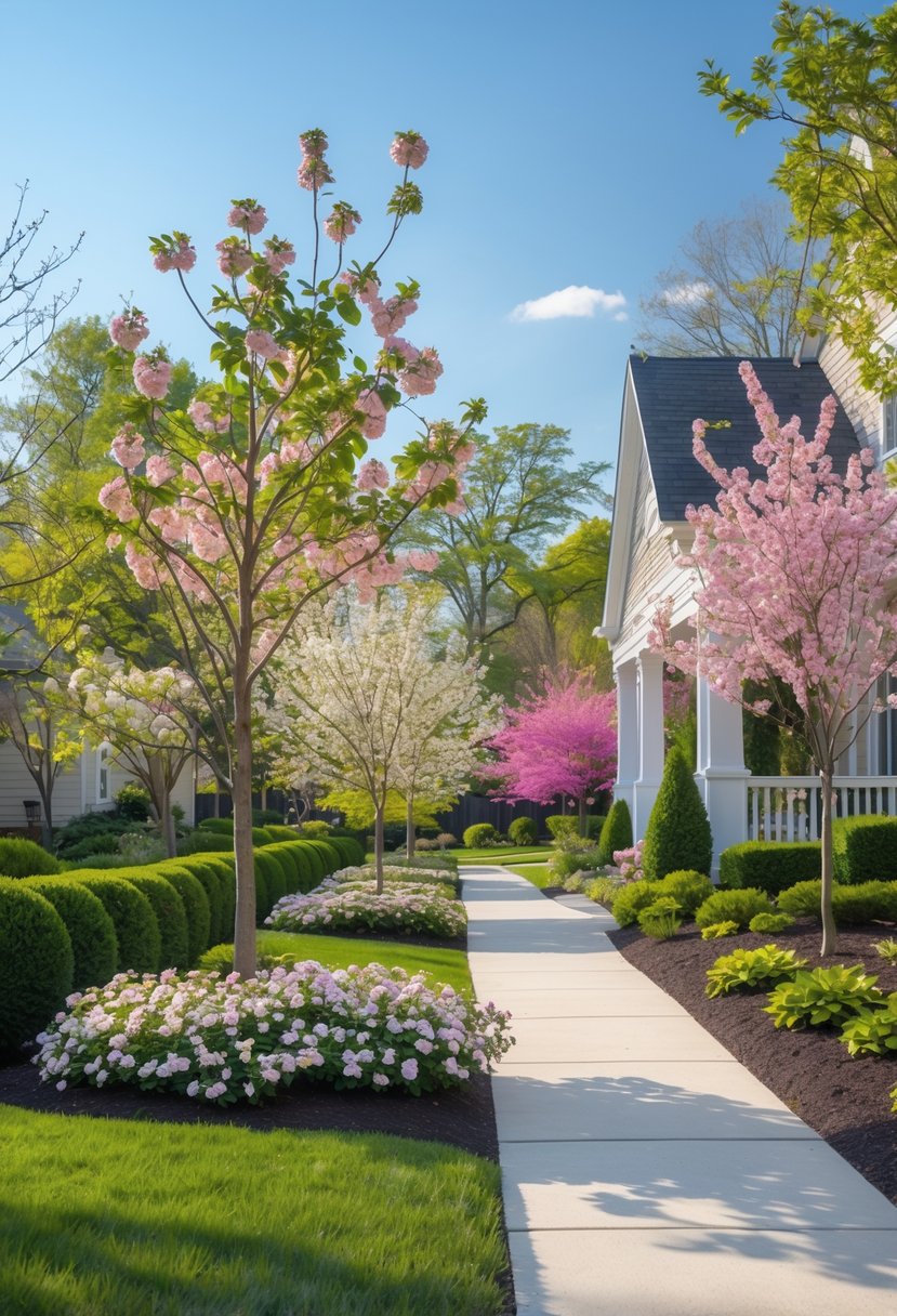 A front yard with several small flowering trees in bloom, a walkway, green lawn, and a house entrance in the background.