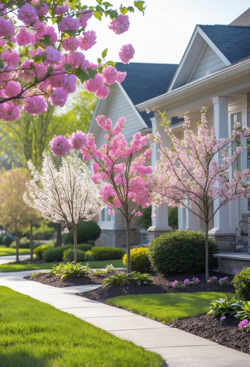 A front yard with a walkway surrounded by small flowering trees in bloom, showing colorful blossoms and green grass.