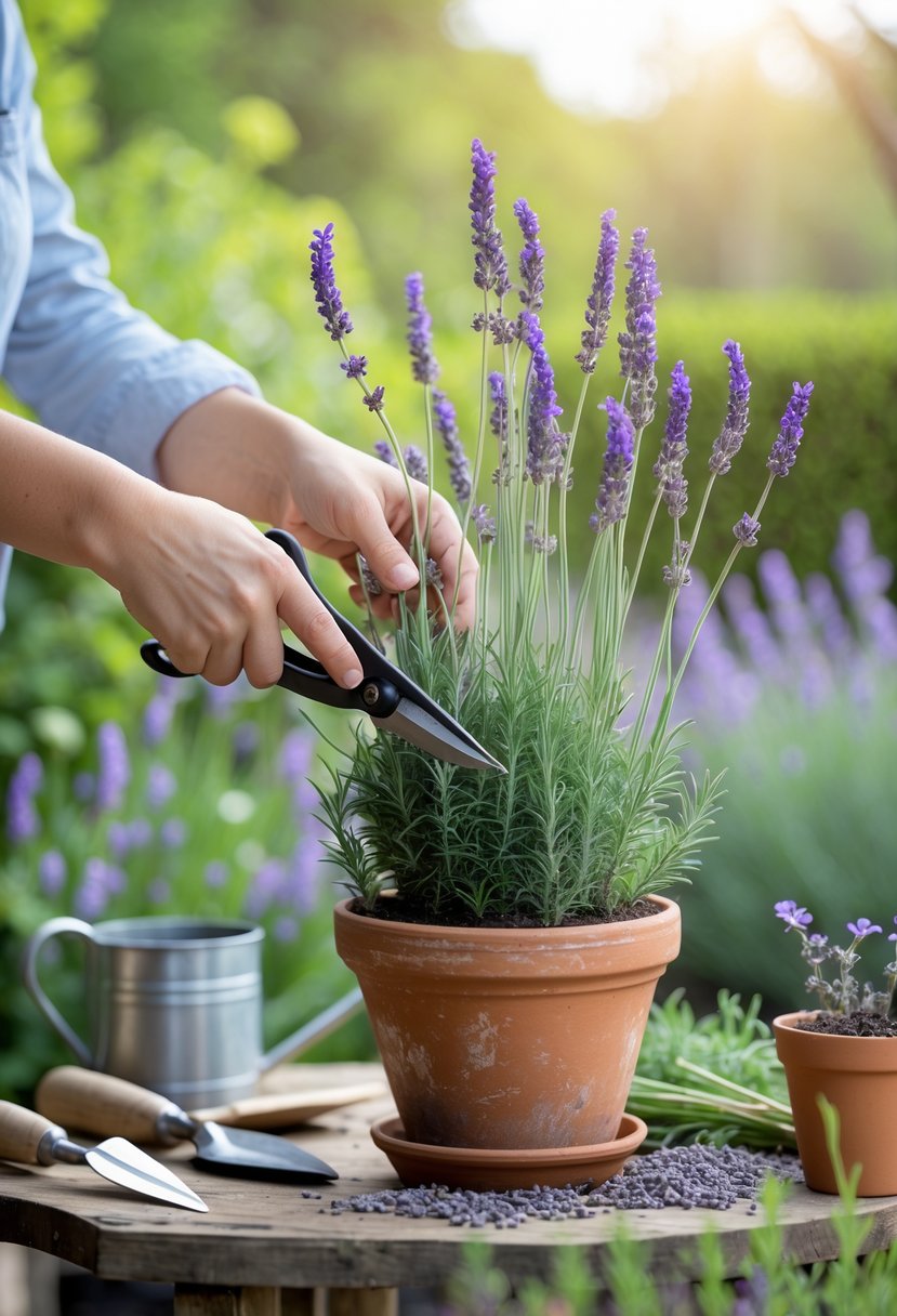 Hands pruning a dying lavender plant in a pot outdoors with gardening tools nearby.