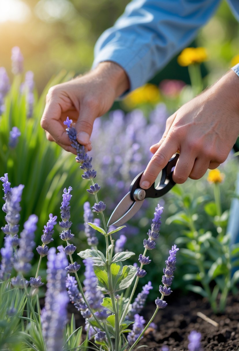Hands examining and pruning a wilting lavender plant in a garden.