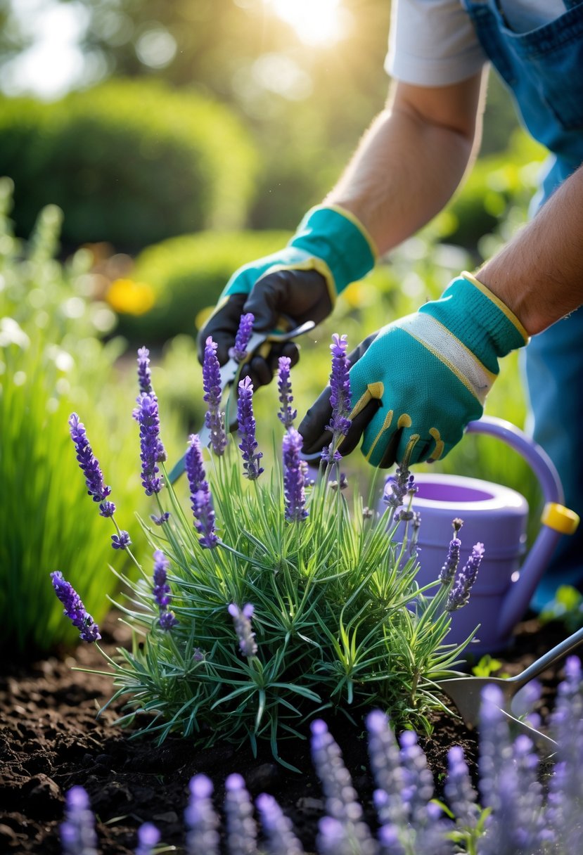 Close-up of hands tending to a healthy lavender plant in a garden with gardening tools nearby.