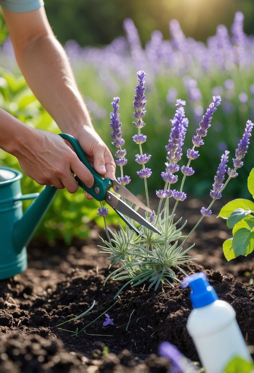 Hands pruning a dying lavender plant in a garden with gardening tools nearby.