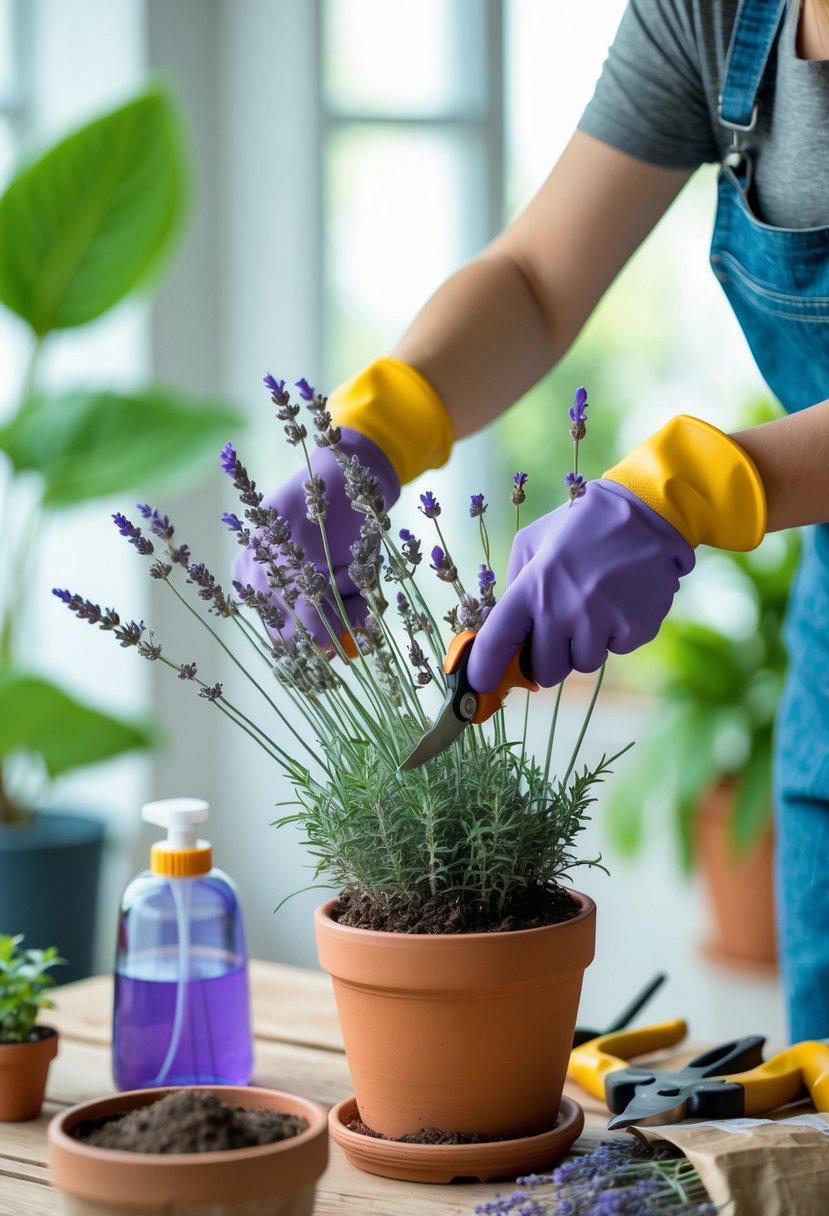 A person pruning a dying lavender plant indoors with gardening gloves and tools on a wooden table.