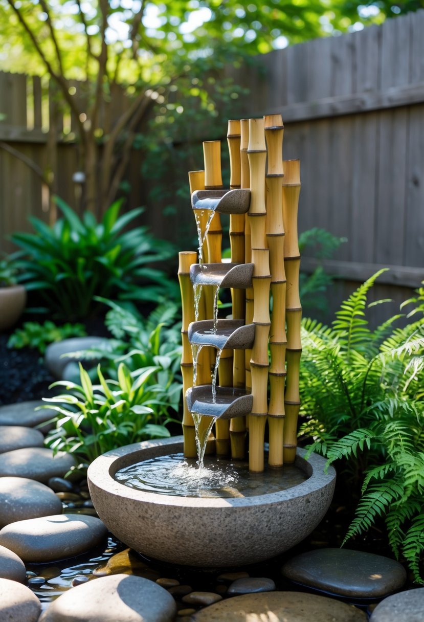 A small backyard with a mini bamboo water fountain surrounded by green plants and stones.