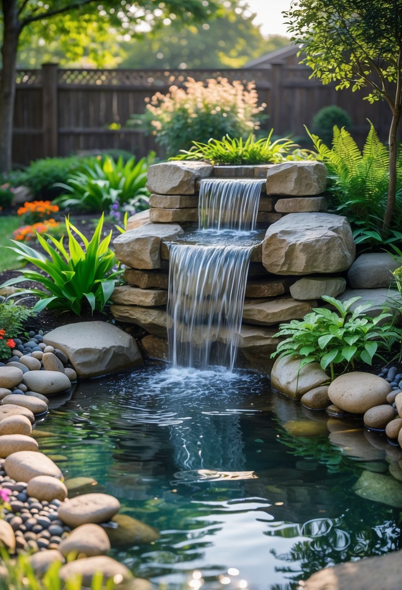 A small backyard waterfall cascading over rocks into a pond surrounded by green plants and flowers.