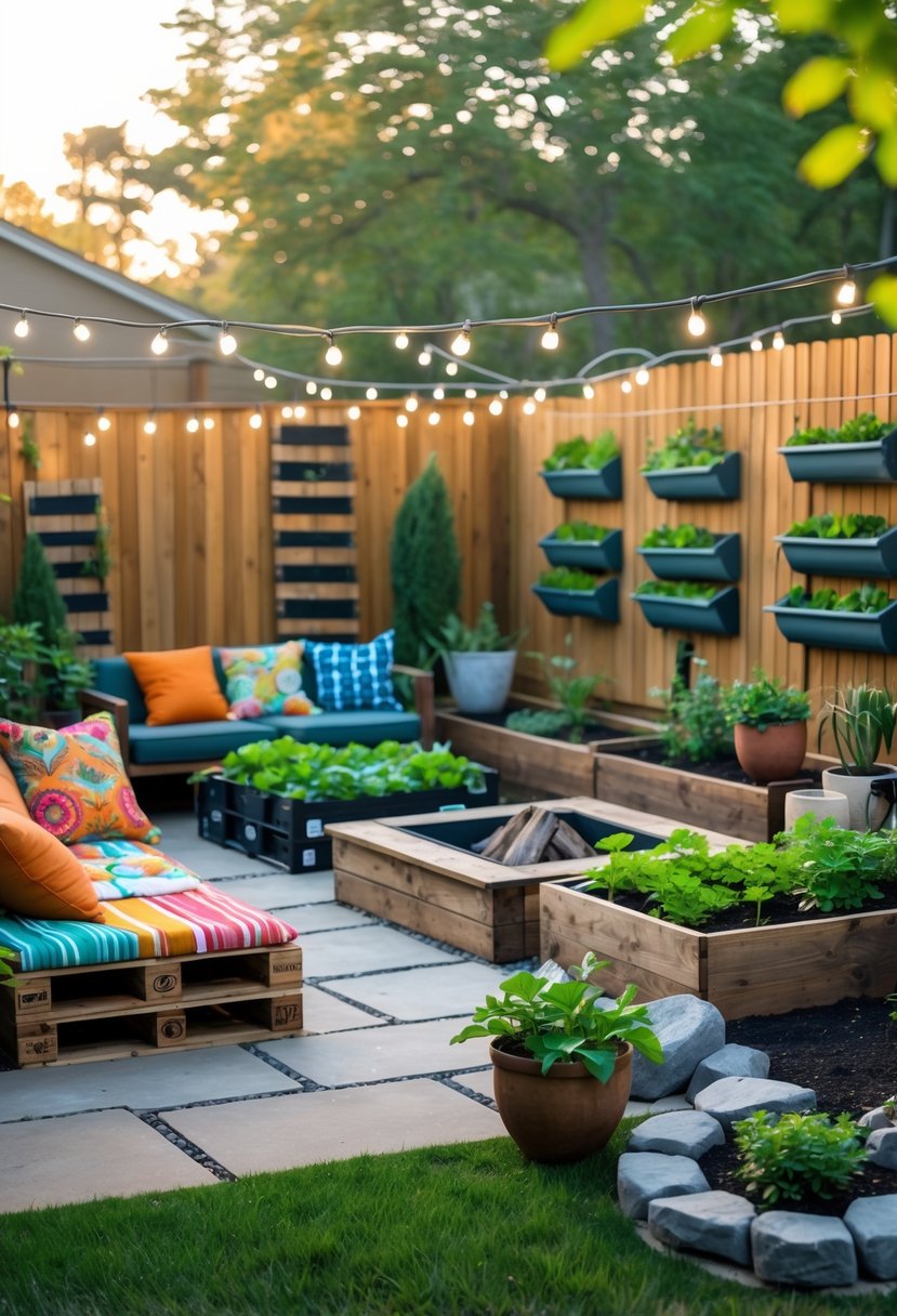 A backyard with DIY seating, a vegetable garden, string lights, a fire pit, and potted plants creating a cozy outdoor space.
