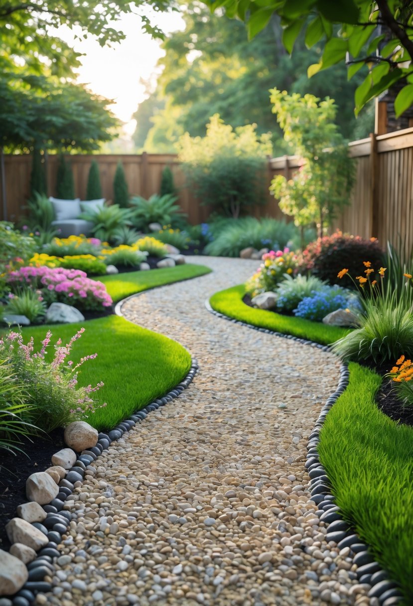 A backyard with a winding pebble and gravel pathway surrounded by green grass and flowering plants.