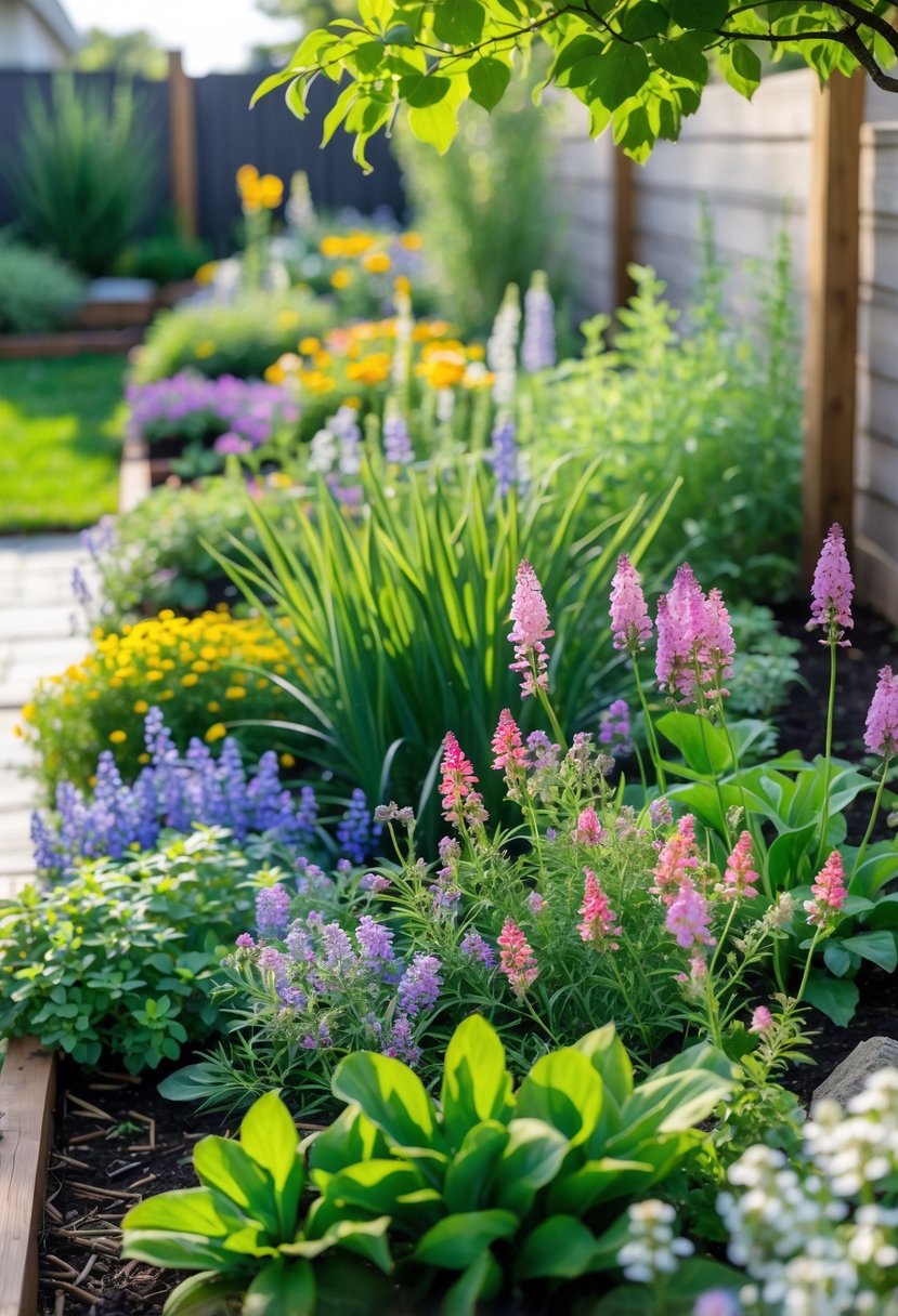 A backyard garden with a variety of colorful perennial and native flowers blooming among green foliage under bright sunlight.