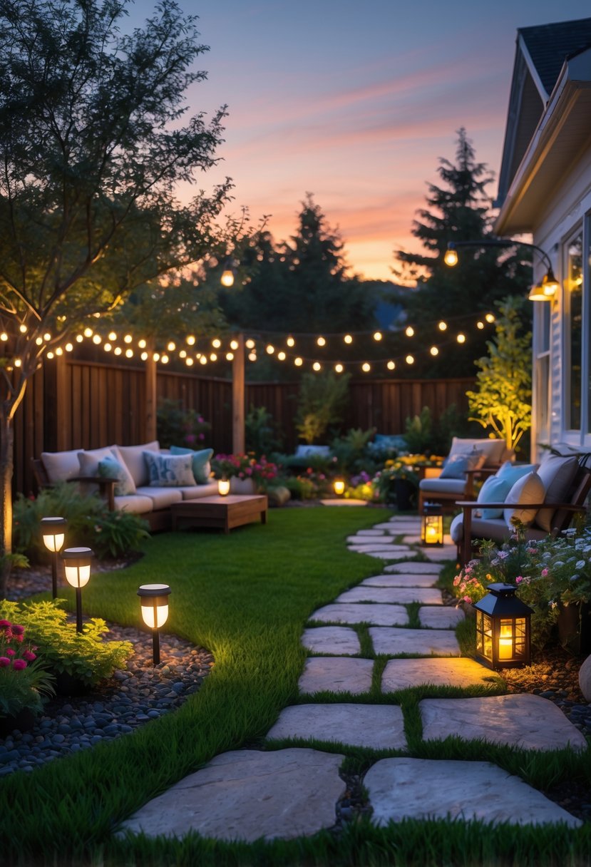 A backyard at dusk with solar-powered garden lights illuminating a stone pathway, flower beds, and outdoor seating areas surrounded by greenery.