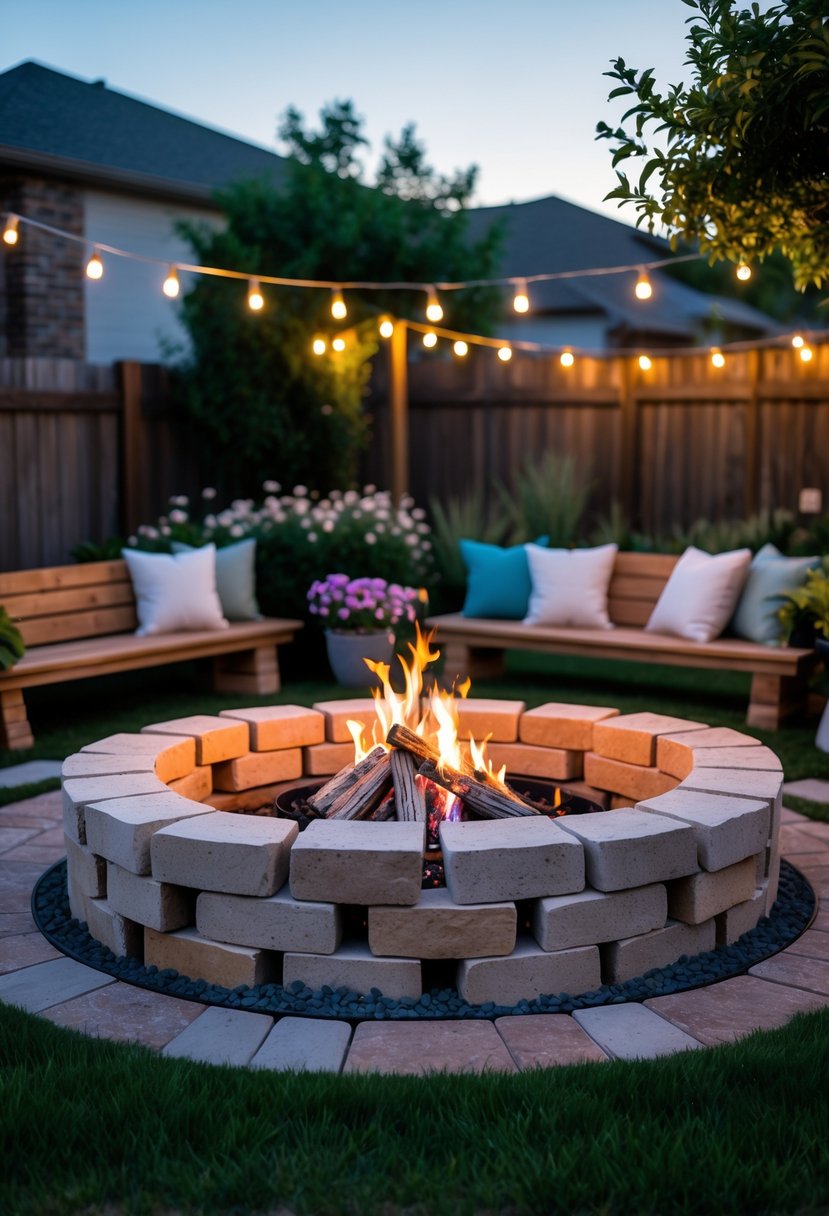A backyard with a circular brick and stone fire pit surrounded by wooden benches and greenery during early evening.