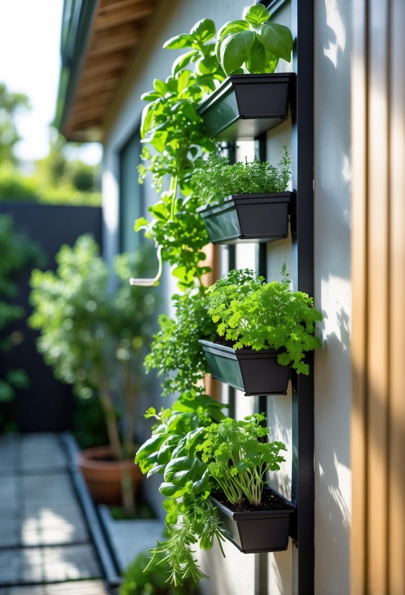 A vertical herb garden with various green herbs growing in pots mounted on a backyard wall.