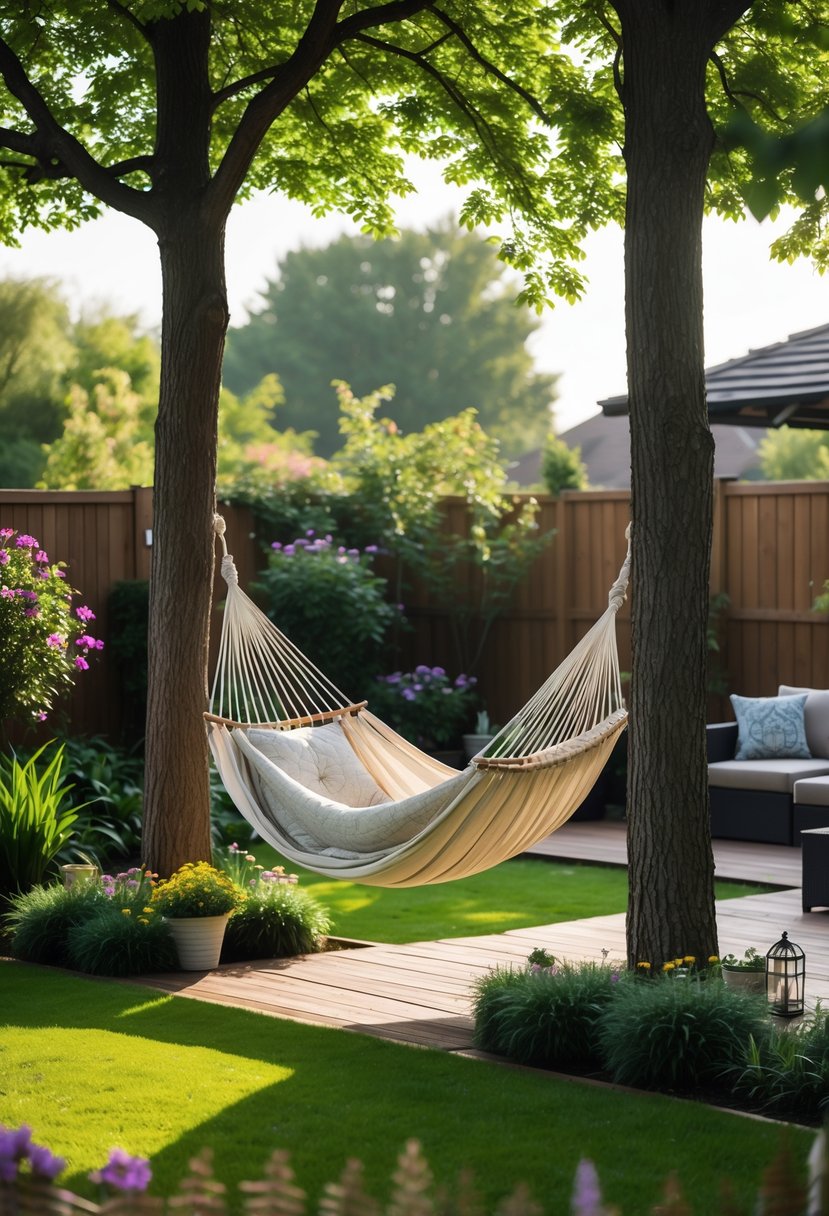 A backyard with a hammock hanging between two trees surrounded by green grass, flowering plants, and outdoor furniture.
