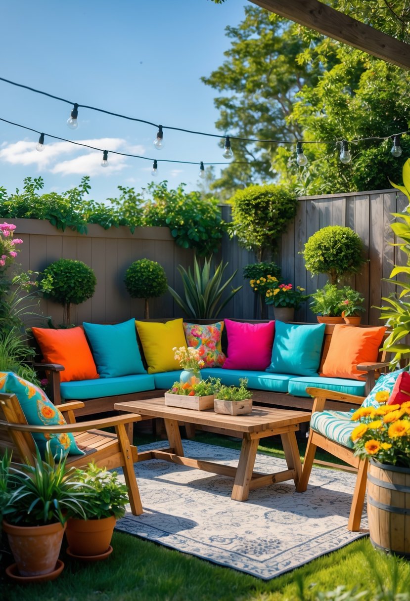 A backyard seating area with colorful cushions on wooden benches surrounded by plants and string lights on a sunny day.