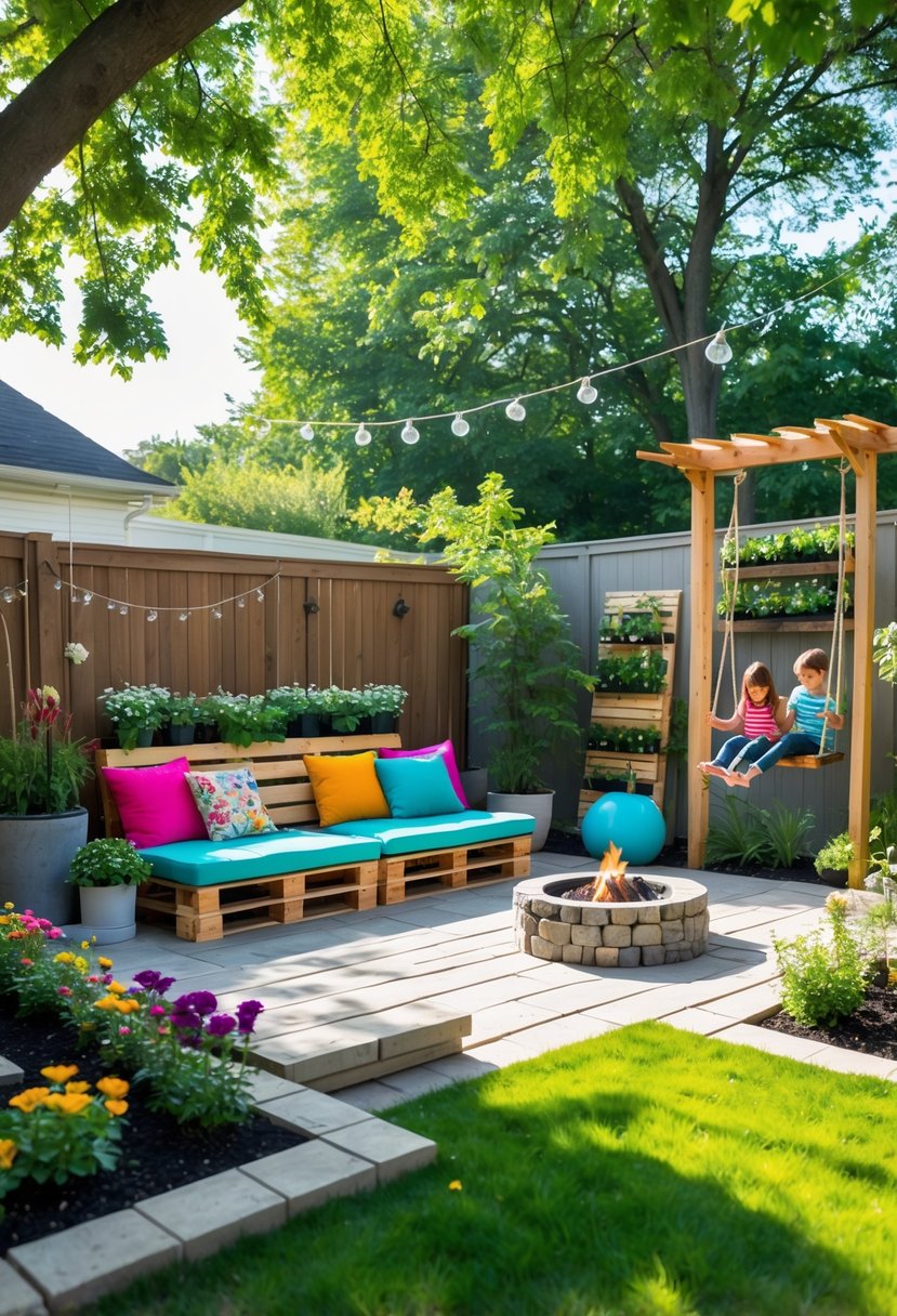 A backyard with a cozy seating area, DIY fire pit, vertical garden, string lights, and children playing on a swing.