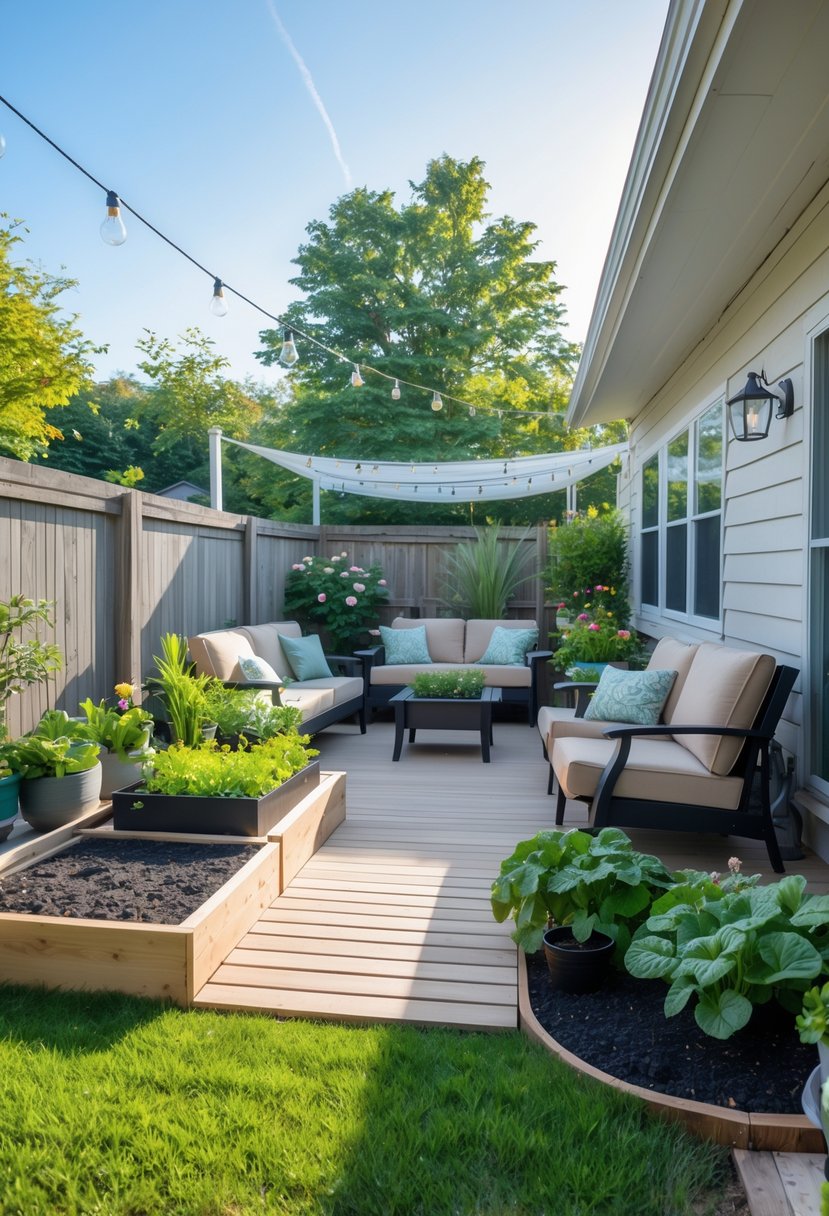 A sunny backyard with a wooden deck, patio furniture, potted plants, a garden bed, a fire pit, and a green lawn.