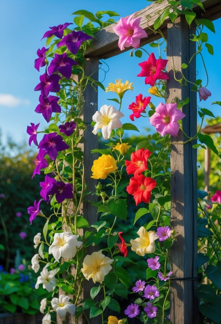 A wooden trellis covered with ten different colorful climbing flowers in full bloom surrounded by green leaves in a garden setting.