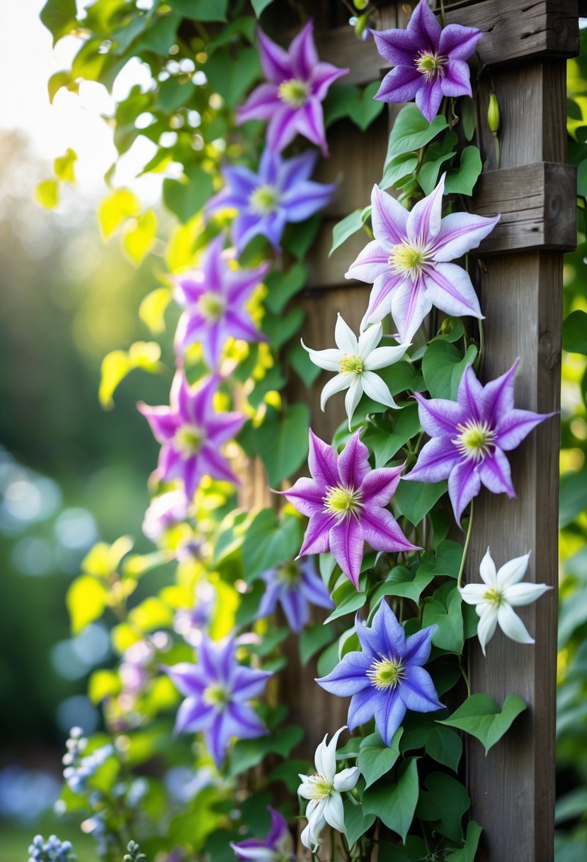 A clematis vine with colorful climbing flowers growing on a wooden trellis in a garden.