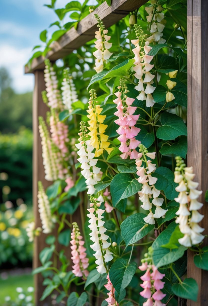 A wooden trellis covered with blooming honeysuckle flowers in white, pink, and yellow surrounded by green leaves in a garden setting.