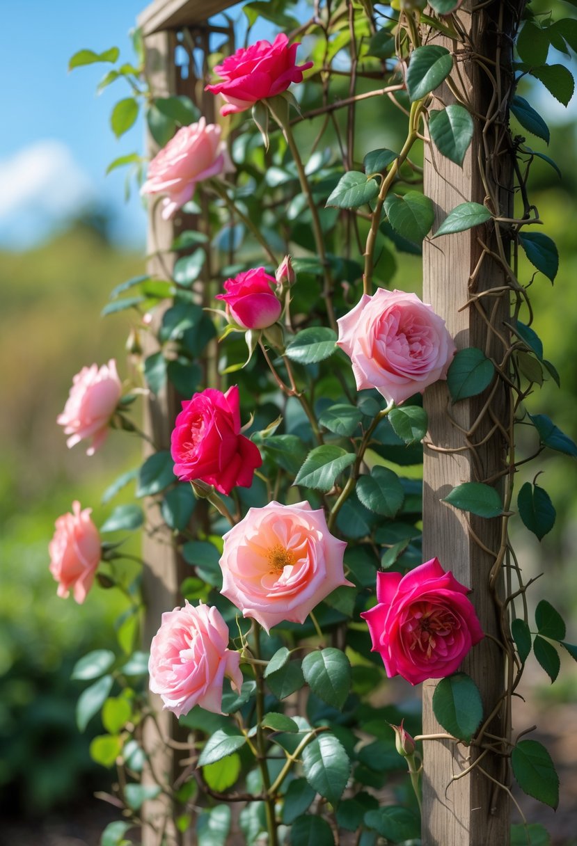 A climbing rose with pink and red flowers growing on a wooden garden trellis surrounded by green leaves.