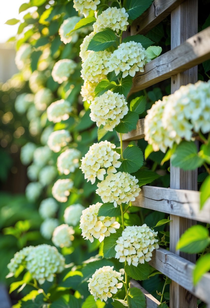Climbing hydrangea vine with white flowers growing on a wooden trellis in a garden.