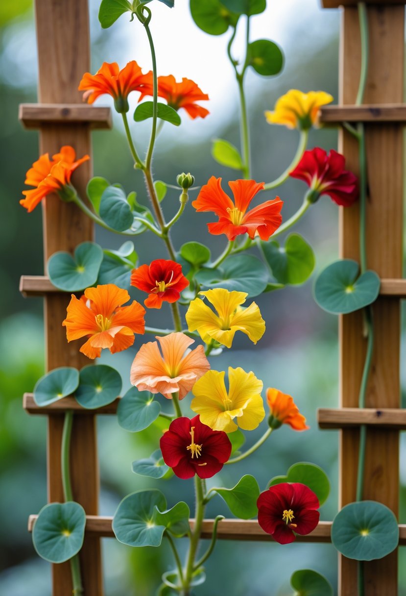 A cluster of bright orange, red, and yellow nasturtium flowers climbing on a wooden trellis with green leaves.