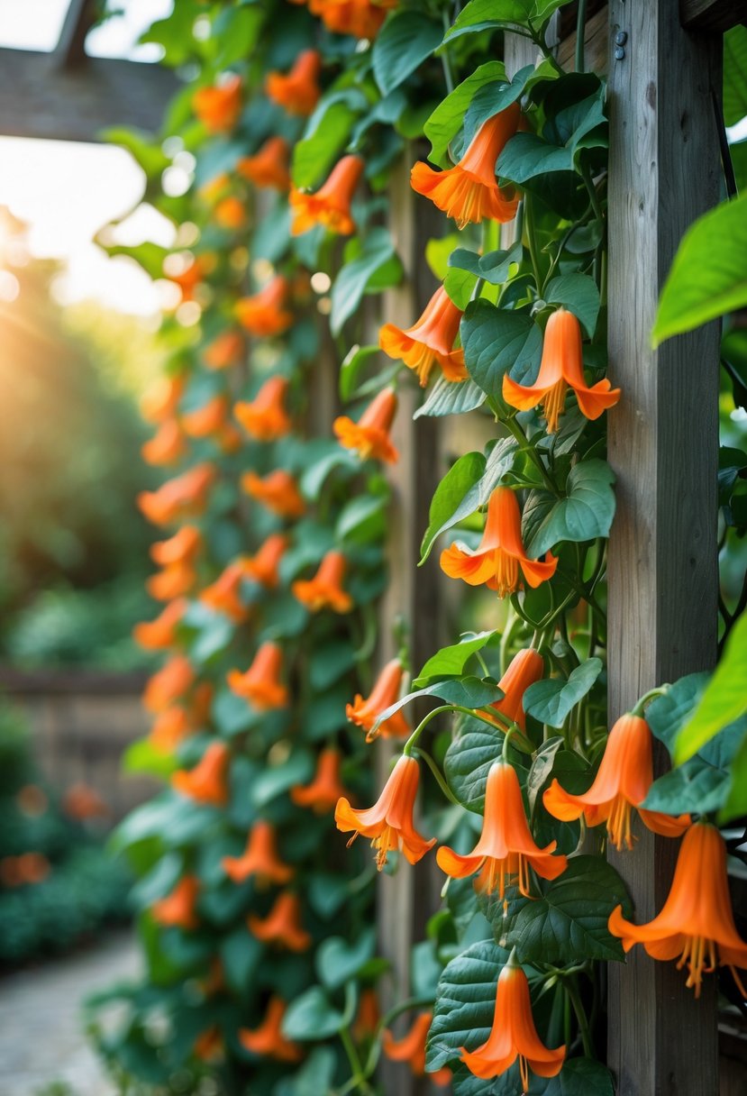 Close-up of bright orange trumpet vine flowers climbing a wooden trellis with green leaves in a garden.