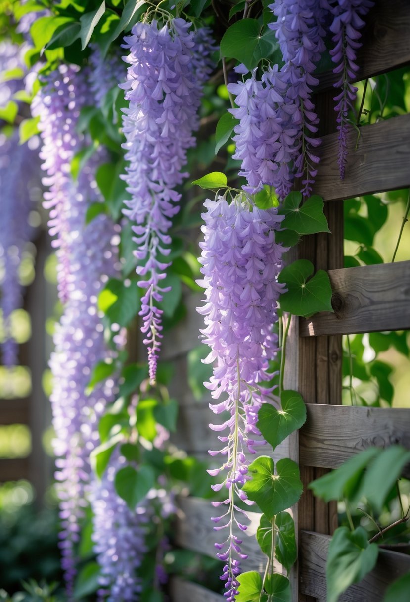 A wooden trellis covered with blooming purple wisteria flowers and green leaves in a garden.