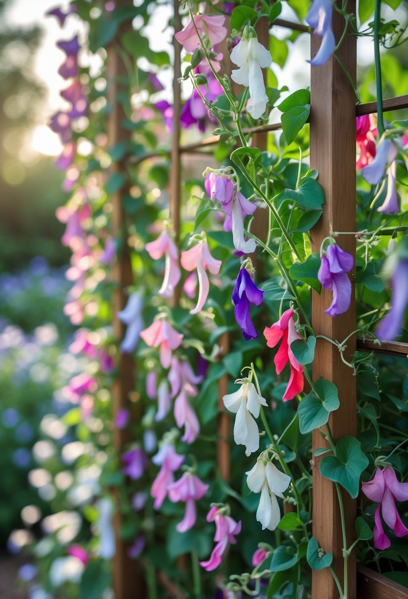 A trellis covered with colorful sweet pea flowers climbing and blooming with green leaves in a garden.