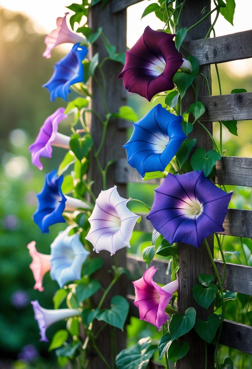 Ten colorful morning glory flowers climbing and blooming on a wooden trellis surrounded by green leaves.
