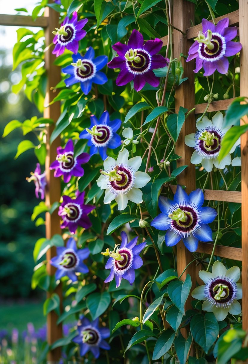 A wooden trellis covered with ten different colorful passionflower plants in full bloom with green leaves in a garden.