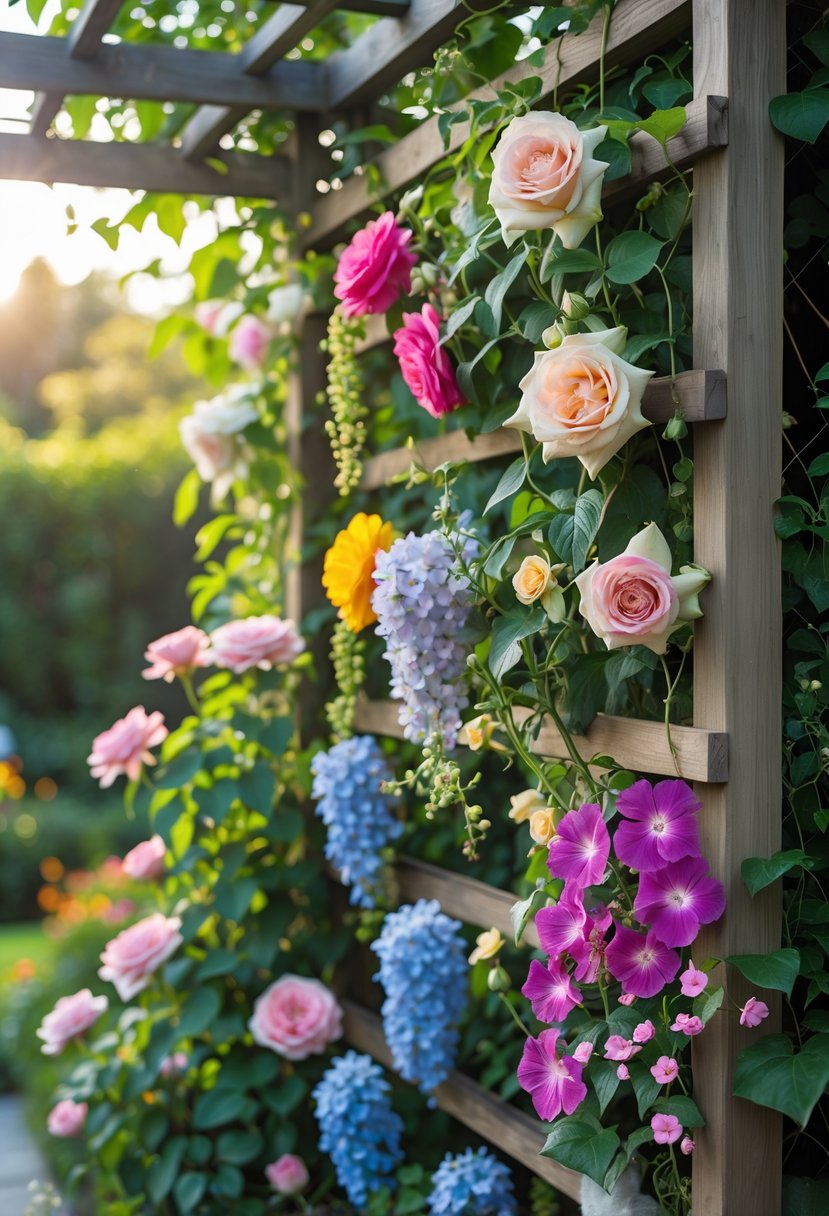 A wooden trellis covered with ten different types of colorful climbing flowers in a garden.